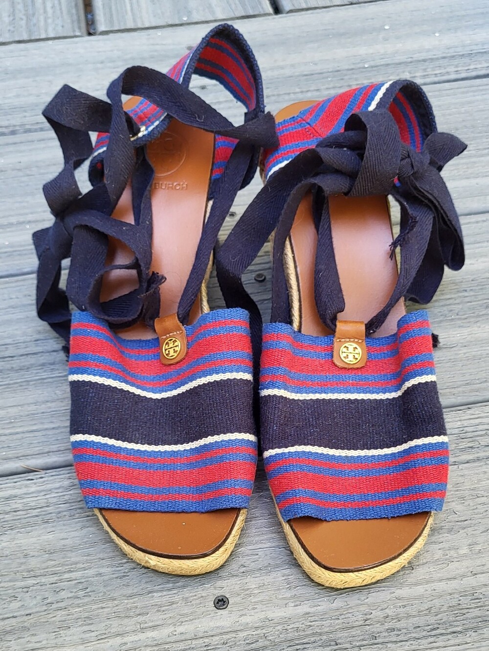 Tory Burch Stripe Wedge Espadrille Ribbon Tie Sandal